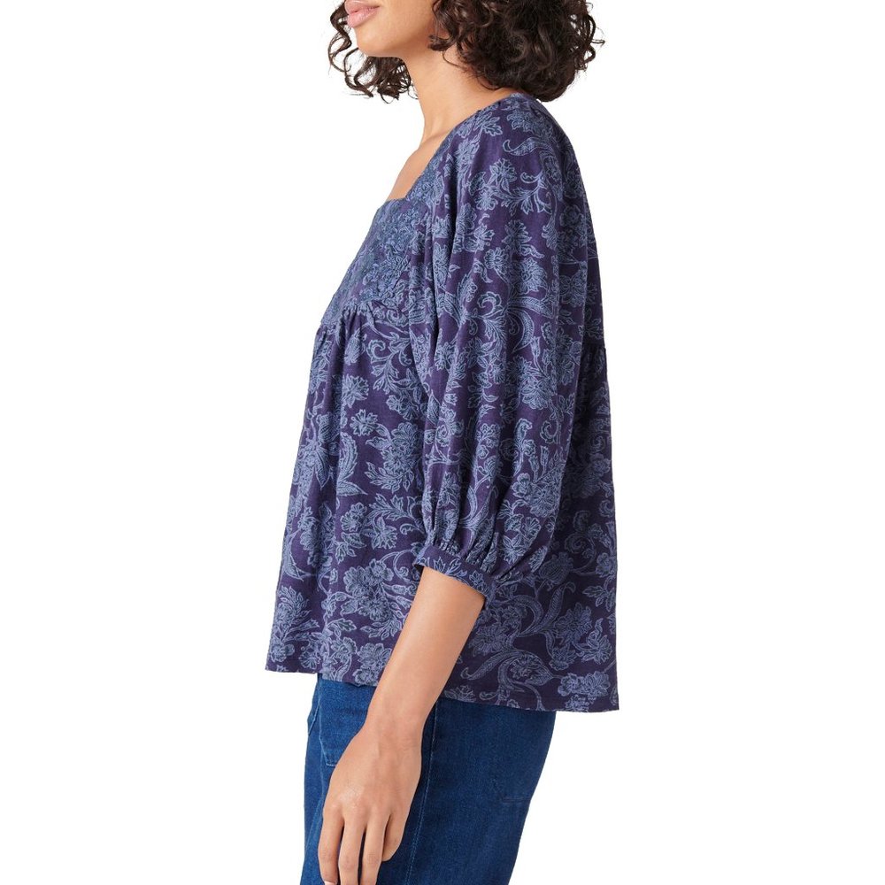 Lucky Brand Tonal Embroidered Square Neck Top - Navy Multi - Picture 3 of 7